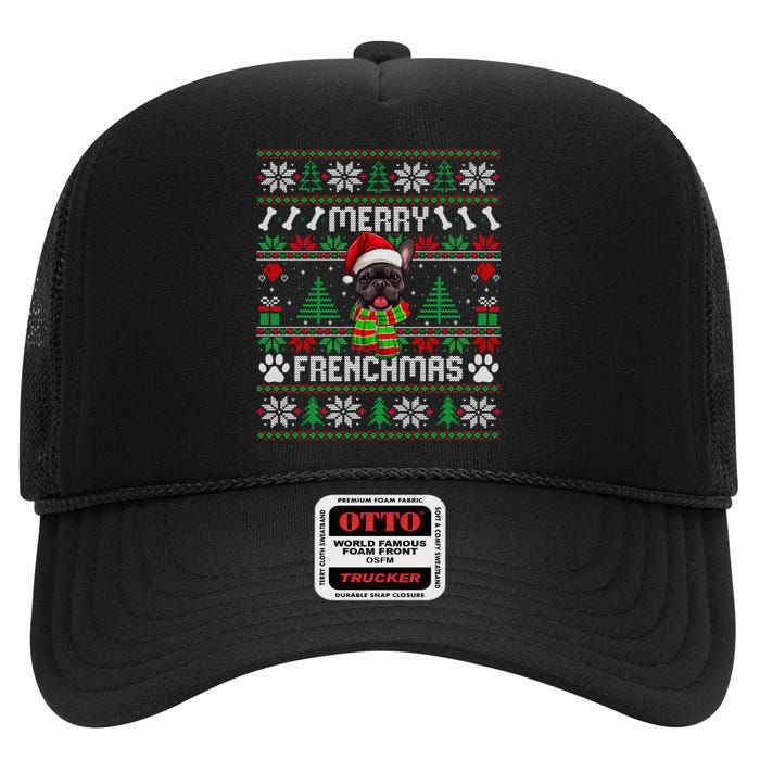 Funny Merry Frenchmas French Bulldog Christmas Ugly Sweater High Crown Mesh Back Trucker Hat