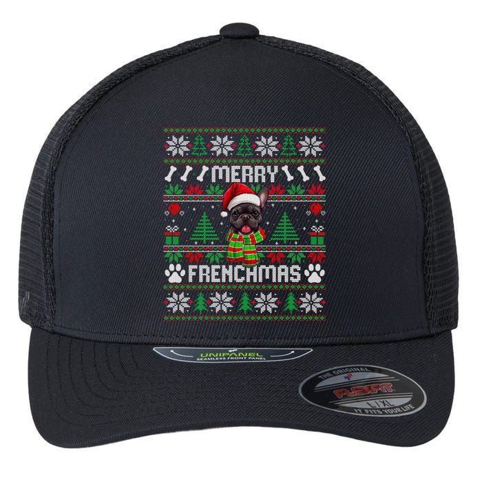 Funny Merry Frenchmas French Bulldog Christmas Ugly Sweater Flexfit Unipanel Trucker Cap