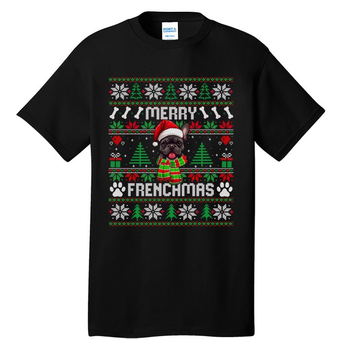 Funny Merry Frenchmas French Bulldog Christmas Ugly Sweater Tall T-Shirt