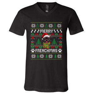 Funny Merry Frenchmas French Bulldog Christmas Ugly Sweater V-Neck T-Shirt