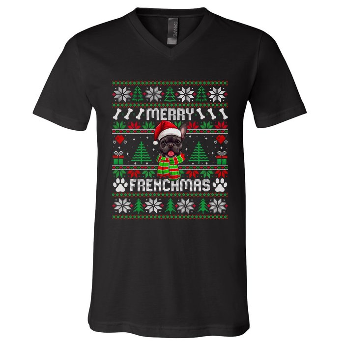 Funny Merry Frenchmas French Bulldog Christmas Ugly Sweater V-Neck T-Shirt