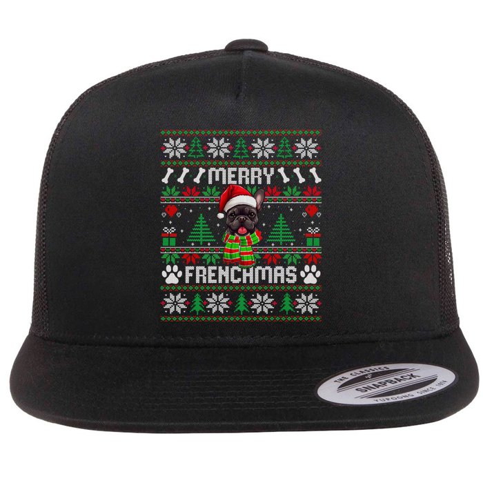 Funny Merry Frenchmas French Bulldog Christmas Ugly Sweater Flat Bill Trucker Hat