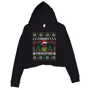 Funny Merry Frenchmas French Bulldog Christmas Ugly Sweater Crop Fleece Hoodie