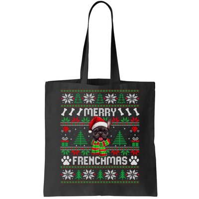 Funny Merry Frenchmas French Bulldog Christmas Ugly Sweater Tote Bag