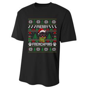 Funny Merry Frenchmas French Bulldog Christmas Ugly Sweater Performance Sprint T-Shirt