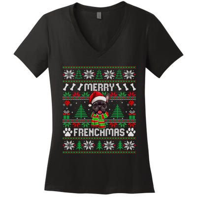 Funny Merry Frenchmas French Bulldog Christmas Ugly Sweater Women's V-Neck T-Shirt