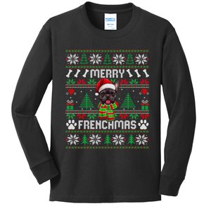 Funny Merry Frenchmas French Bulldog Christmas Ugly Sweater Kids Long Sleeve Shirt