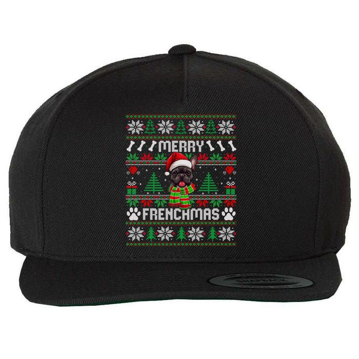 Funny Merry Frenchmas French Bulldog Christmas Ugly Sweater Wool Snapback Cap