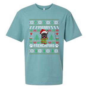 Funny Merry Frenchmas French Bulldog Christmas Ugly Sweater Sueded Cloud Jersey T-Shirt