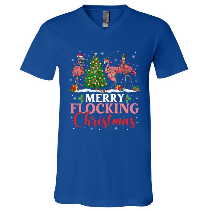 Flamingo Merry Flocking Christmas Funny Xmas Gift V-Neck T-Shirt