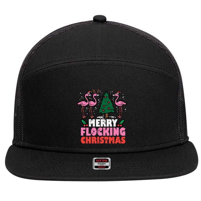 Flamingo Merry Flocking Christmas Funny Xmas Gift 7 Panel Mesh Trucker Snapback Hat