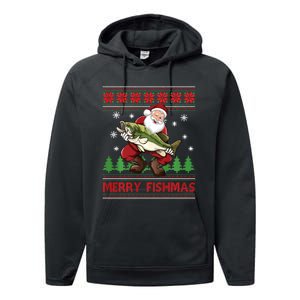 Fun Merry Fishmas Santa Fishing Ugly Christmas Sweater Style Performance Fleece Hoodie