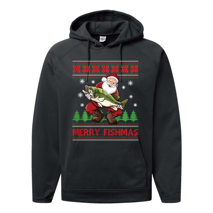 Fun Merry Fishmas Santa Fishing Ugly Christmas Sweater Style Performance Fleece Hoodie