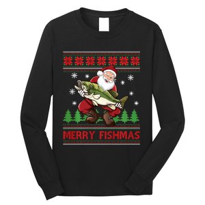 Fun Merry Fishmas Santa Fishing Ugly Christmas Sweater Style Long Sleeve Shirt