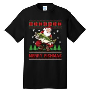 Fun Merry Fishmas Santa Fishing Ugly Christmas Sweater Style Tall T-Shirt