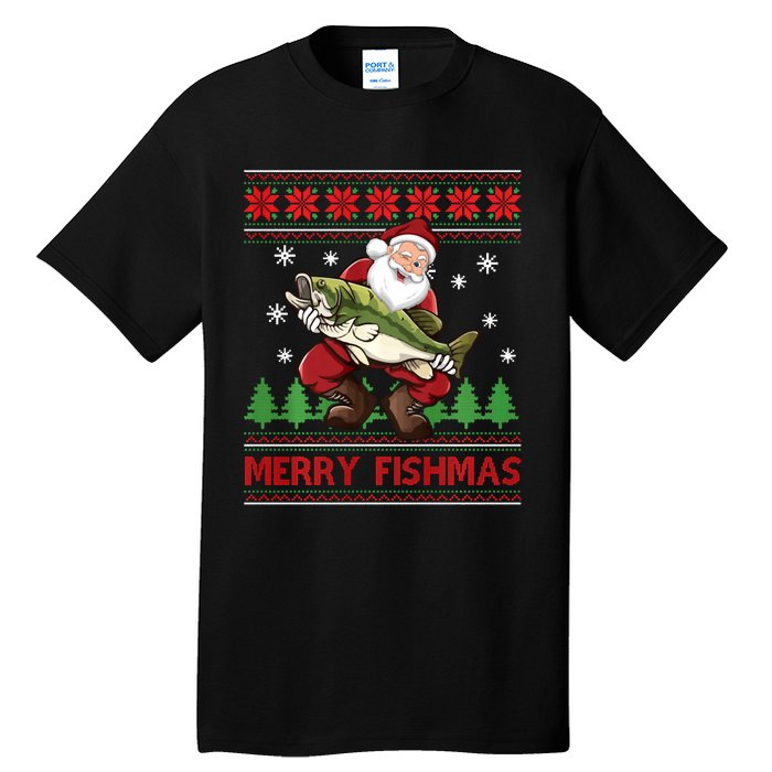 Fun Merry Fishmas Santa Fishing Ugly Christmas Sweater Style Tall T-Shirt