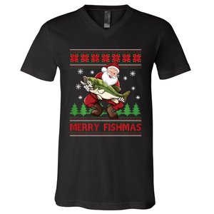 Fun Merry Fishmas Santa Fishing Ugly Christmas Sweater Style V-Neck T-Shirt