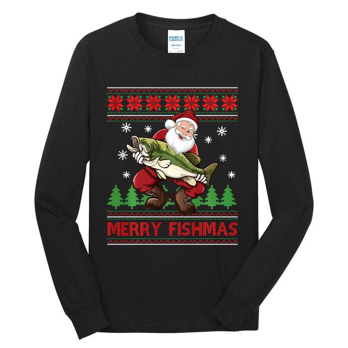 Fun Merry Fishmas Santa Fishing Ugly Christmas Sweater Style Tall Long Sleeve T-Shirt