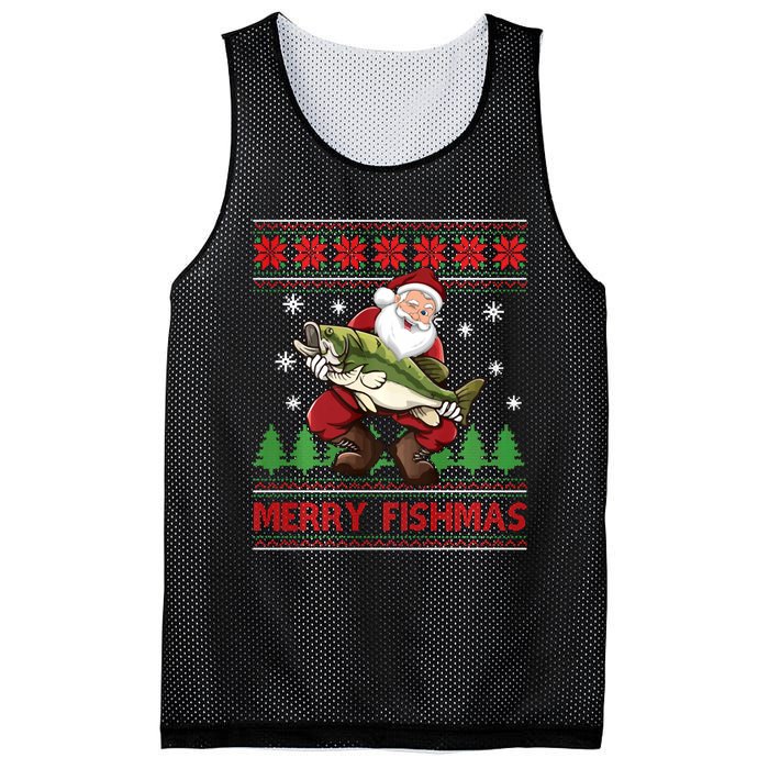 Fun Merry Fishmas Santa Fishing Ugly Christmas Sweater Style Mesh Reversible Basketball Jersey Tank