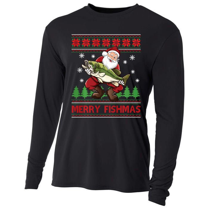 Fun Merry Fishmas Santa Fishing Ugly Christmas Sweater Style Cooling Performance Long Sleeve Crew