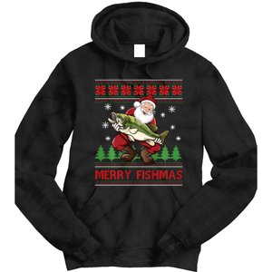 Fun Merry Fishmas Santa Fishing Ugly Christmas Sweater Style Tie Dye Hoodie