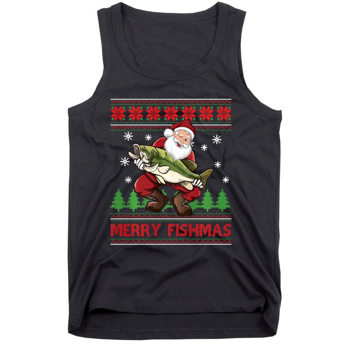 Fun Merry Fishmas Santa Fishing Ugly Christmas Sweater Style Tank Top