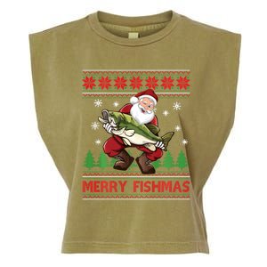 Fun Merry Fishmas Santa Fishing Ugly Christmas Sweater Style Garment-Dyed Women's Muscle Tee