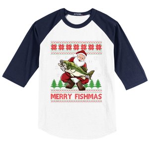 Fun Merry Fishmas Santa Fishing Ugly Christmas Sweater Style Baseball Sleeve Shirt