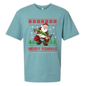 Fun Merry Fishmas Santa Fishing Ugly Christmas Sweater Style Sueded Cloud Jersey T-Shirt