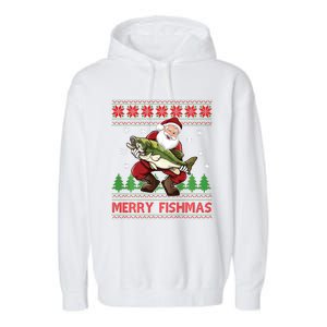 Fun Merry Fishmas Santa Fishing Ugly Christmas Sweater Style Garment-Dyed Fleece Hoodie