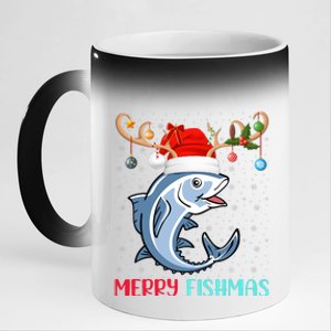 Funny Merry Fishmas Reindeer Santa Hat Fishing Christmas 11oz Black Color Changing Mug