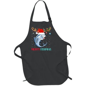 Funny Merry Fishmas Reindeer Santa Hat Fishing Christmas Full-Length Apron With Pockets