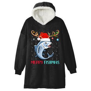 Funny Merry Fishmas Reindeer Santa Hat Fishing Christmas Hooded Wearable Blanket