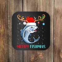 Funny Merry Fishmas Reindeer Santa Hat Fishing Christmas Coaster