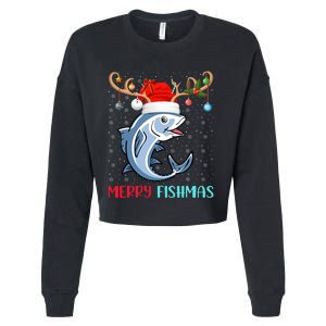 Funny Merry Fishmas Reindeer Santa Hat Fishing Christmas Cropped Pullover Crew