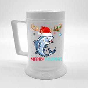 Funny Merry Fishmas Reindeer Santa Hat Fishing Christmas Beer Stein