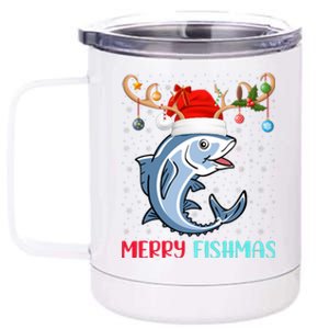 Funny Merry Fishmas Reindeer Santa Hat Fishing Christmas 12 oz Stainless Steel Tumbler Cup