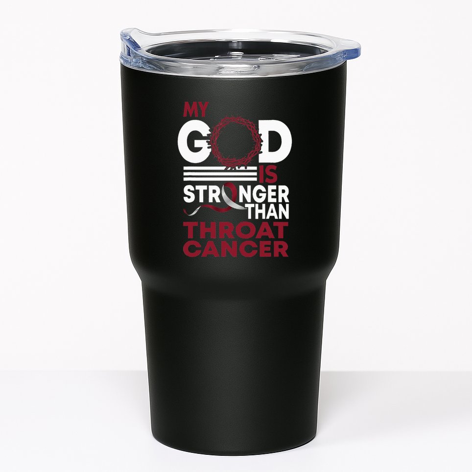 Faith My God Is Stronger Than Throat Cancer Awareness Ribbon Tumbler