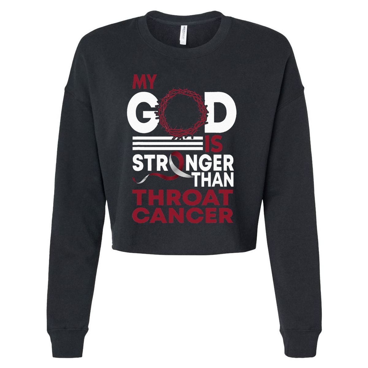 Faith My God Is Stronger Than Throat Cancer Awareness Ribbon Cropped Pullover Crew