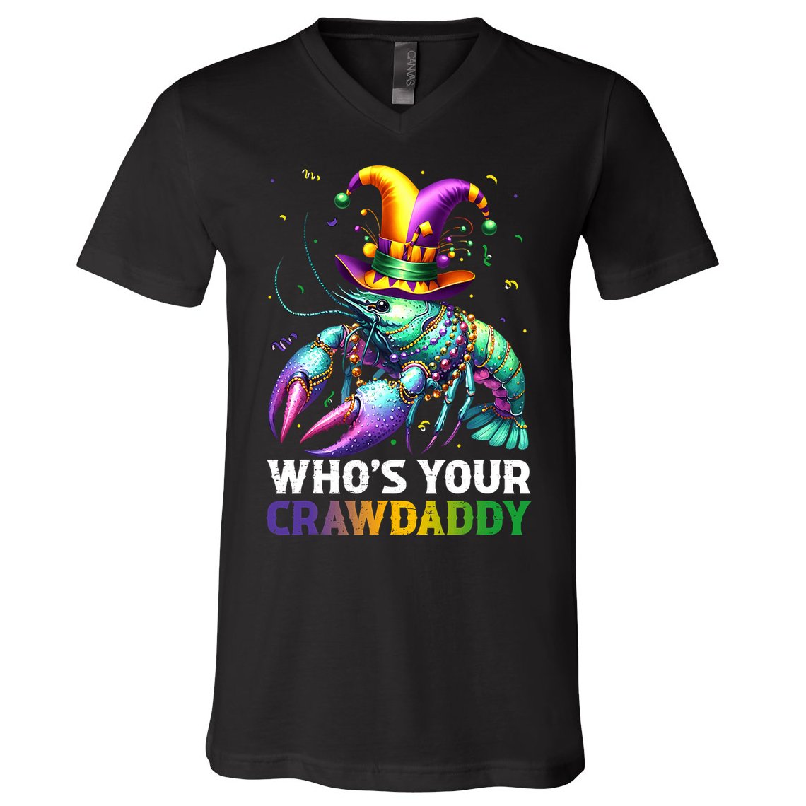 Funny Mardi Gras Whos Your Crawdaddy Crawfish Jester Beads V-Neck T-Shirt