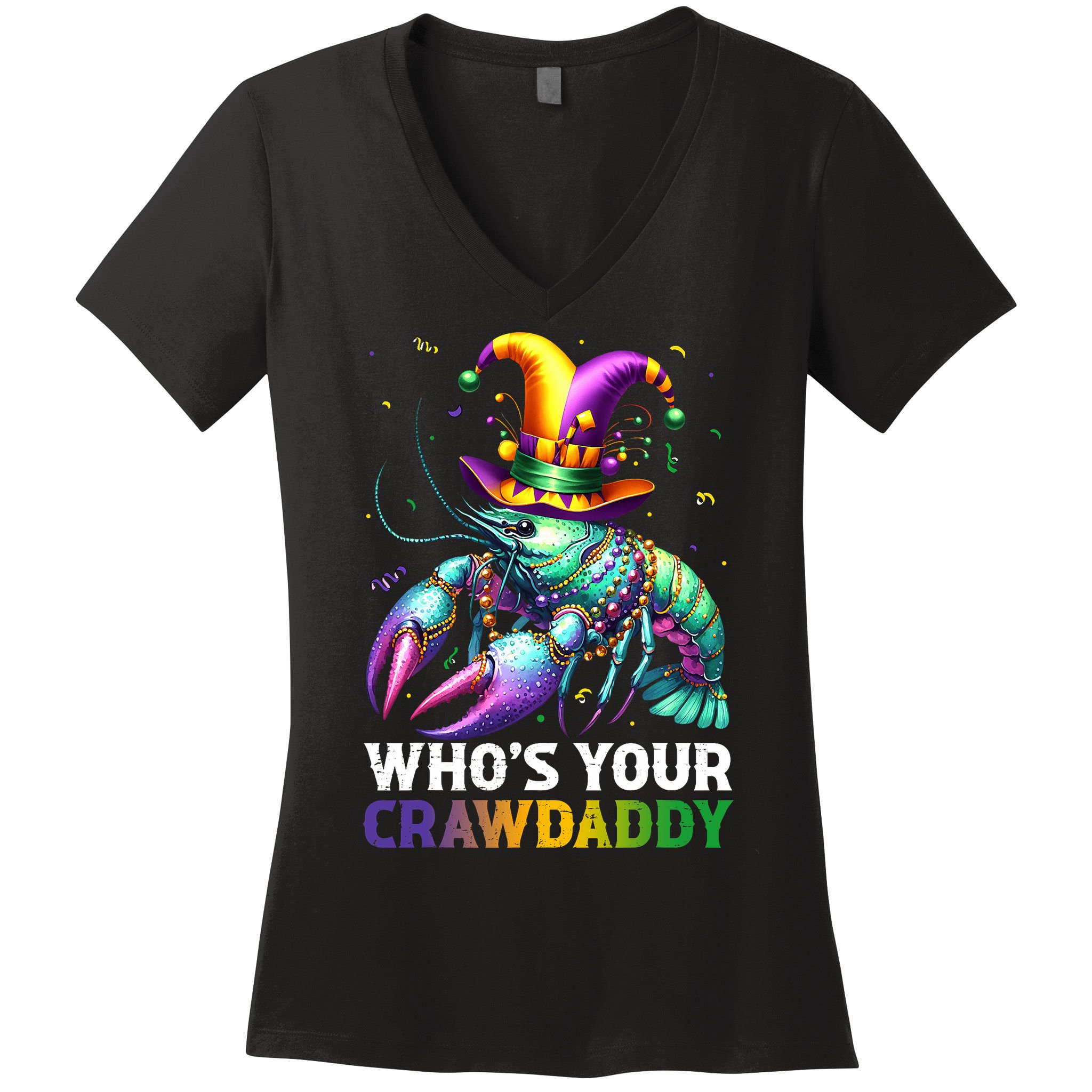 Funny Mardi Gras Whos Your Crawdaddy Crawfish Jester Beads Women's V-Neck T-Shirt