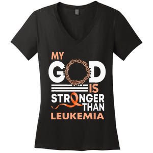 Faith My God Is Stronger Than Leukemia Awareness Ribbon Women's V-Neck T-Shirt