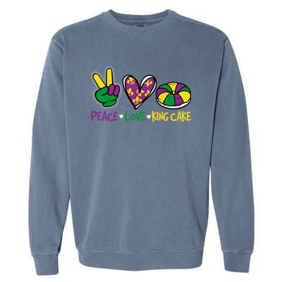 Funny Mardi Gras Festival Party Peace Love King Cake Gift Garment-Dyed Sweatshirt