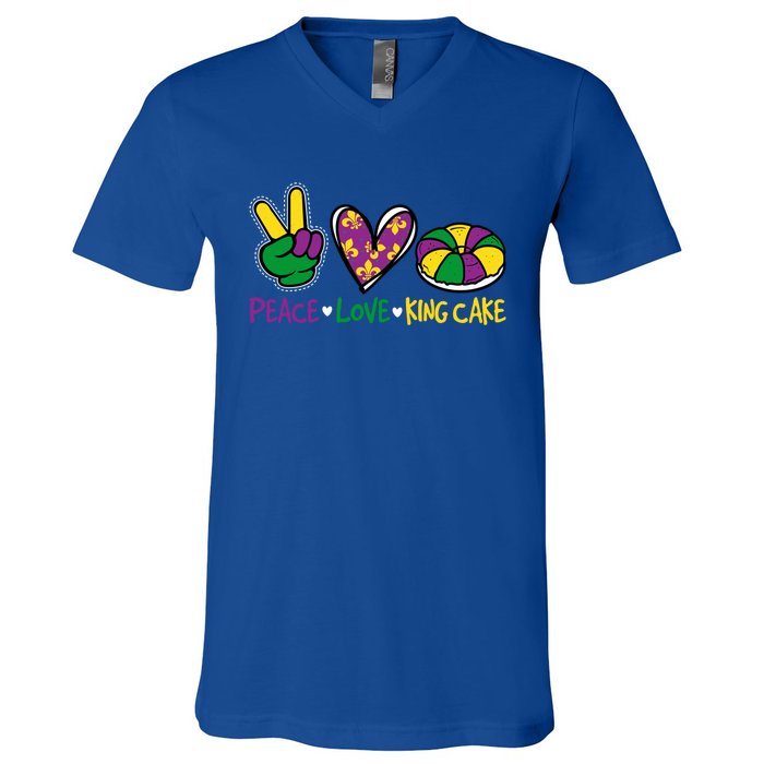 Funny Mardi Gras Festival Party Peace Love King Cake Gift V-Neck T-Shirt