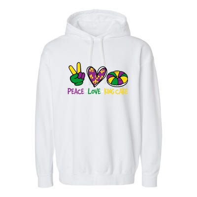 Funny Mardi Gras Festival Party Peace Love King Cake Gift Garment-Dyed Fleece Hoodie