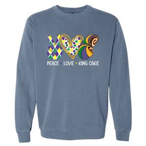 Funny Mardi Gras Festival Peace Love King Cake Party Gift Garment-Dyed Sweatshirt