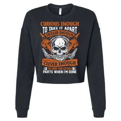 Funny Mechanic Gift Curious Skilled And Clever Car Fixing Funny Gift Cropped Pullover Crew