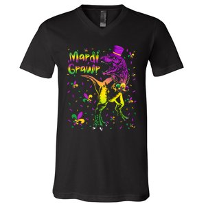 Funny Mardi Gras Festival Grawr Dinosaur V-Neck T-Shirt