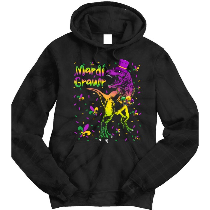 Funny Mardi Gras Festival Grawr Dinosaur Tie Dye Hoodie