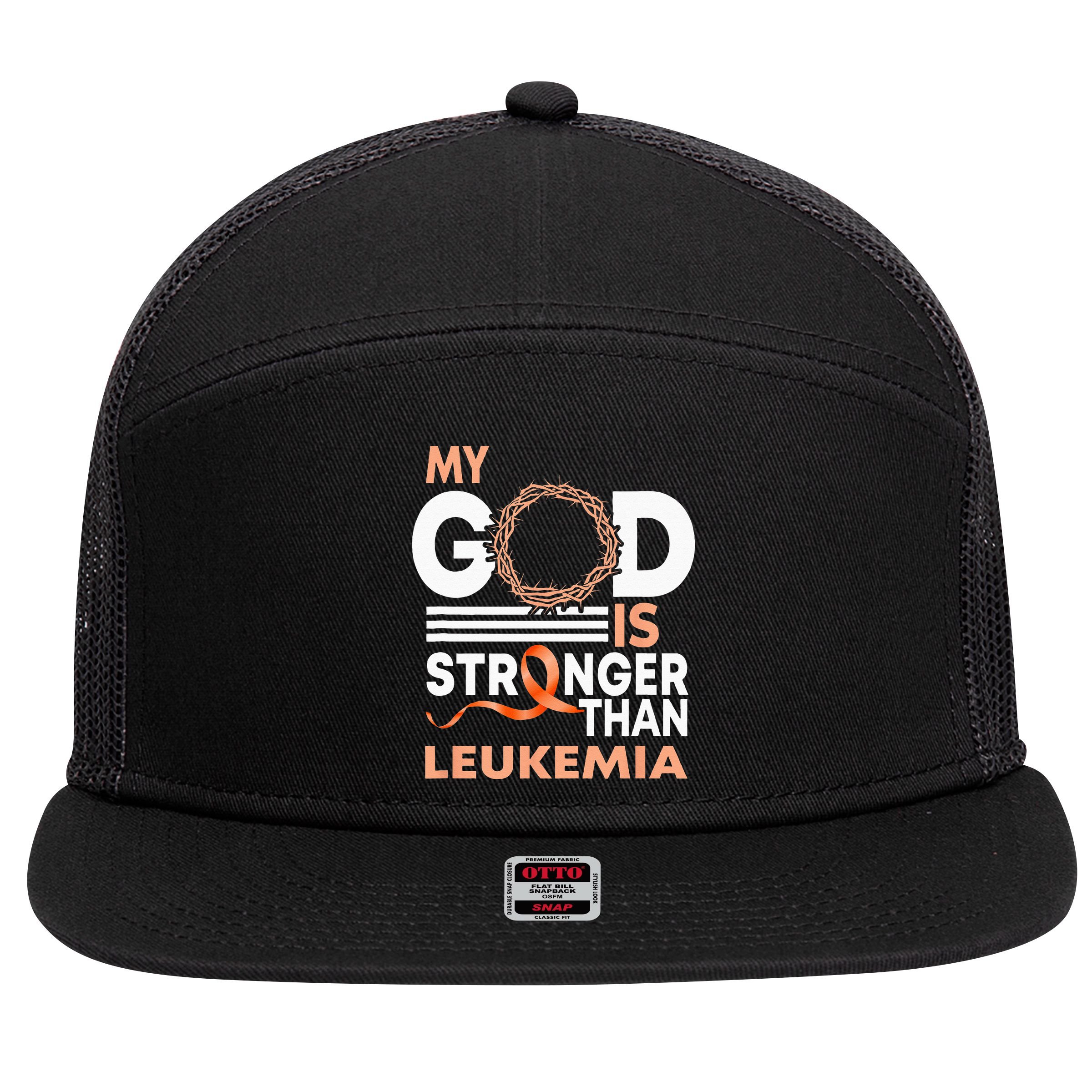 Faith My God Is Stronger Than Leukemia Awareness Ribbon 7 Panel Mesh Trucker Snapback Hat